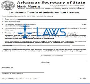 Form Certificate of Transfer of Jurisdiction from Arkansas (Corporation) 