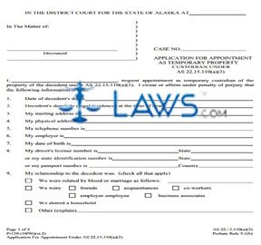 Application for Appointment As Temporary Property Custodian Under  AS 22.15.110(a)(3)