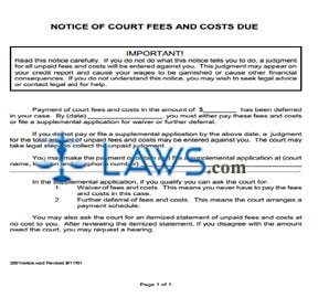 Notice of Court Fees and/or Costs Due 