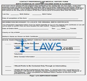 Contact Preference Forms for Parents of Adopted Child Born in Alabama