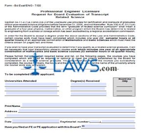 Form - Bd Eval Professional Engineer Licensure Request for Board Evaluation of Transcript Related Science