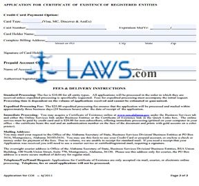 Form AL Application for Certificate of Existence
