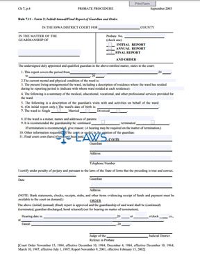 Form Initial, Annual, Final Report of Guardian and Order