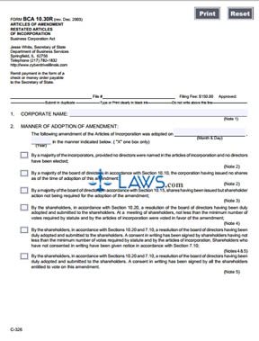Form BCA-10.30 Articles of Amendment 