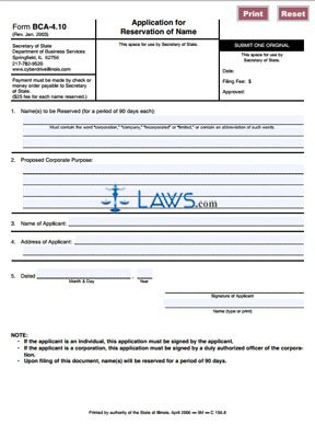 Form BCA-4.10 Application for Reservation of Name 