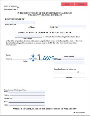 Form 96- Oath and Bond of Guardian of Minor - No Surety