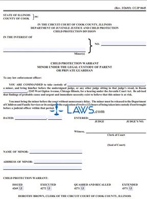 Form CCJP0645 Child Protection Warrant Minor Under the Legal Custody of Parent or Private Guardian