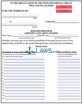 Form 49D Simplified Procedure Agreement as to Assets and Debts (Will County) 