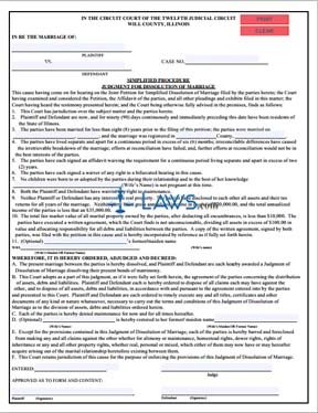 Form 49C Simplified Procedure Judgment for Dissolution of Marriage (Will County) 