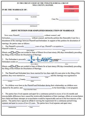 Form 49A Joint Petition for Simplified Dissolution of Marriage (Will County)
