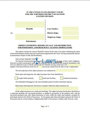 Form Order Confirming Report of Sale and Distribution, for Possession, and Deficiency Against (Mortgagor)