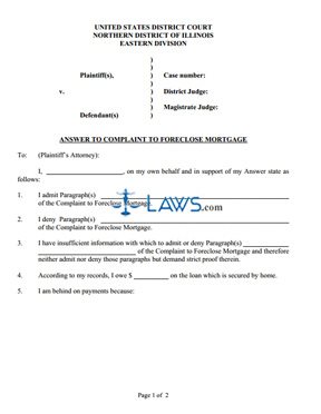 divorce california agreement to Answer   Form to Complaint Illinois Mortgage Foreclose