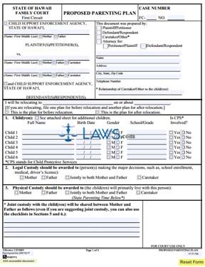 Form  1F-P-796 Proposed Parenting Plan (Form Only) 