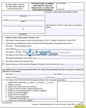 Form 1F-P-754 Petition for an Order for Protection on Behalf of a Family or Household Member 
