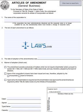 Form ID 210 Article of Amendment (Corporation)
