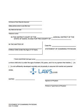 Form CAO 17-2 Minor Marry Physician Statement