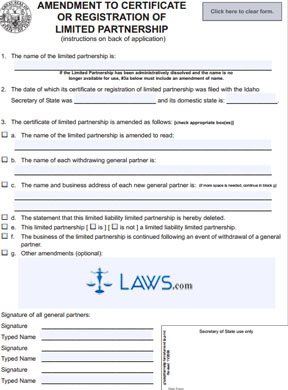 Form 213 Amendment to Certificate or Registration of Limited Partnership  