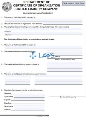 Form 280 Restatement of Certificate of Organization Limited Liability Company   