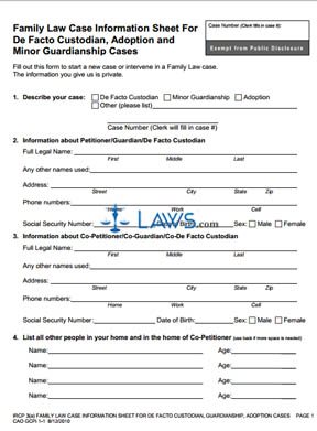 Form CIS For DeFacto Custodian, Adoption and Minor Guardianship Cases