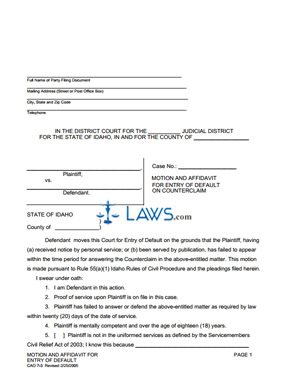 Form CAO 7-3 Motion and Affidavit for Default on Counterclaim 