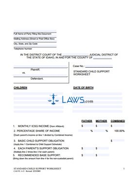 Form CAO 1-13 Standard Custody Child Support Worksheet 