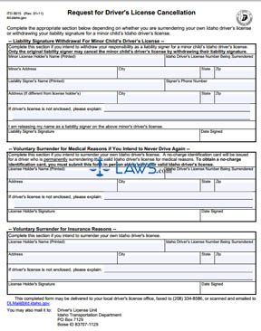 Form ITD 0015 Request for Driver's License Cancellation