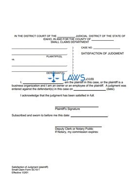 Satisfaction of Judgment (Plaintiff) SC 10-1