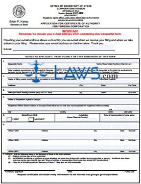 Form GA 236 Application for Certificate of Authority for a Corporation