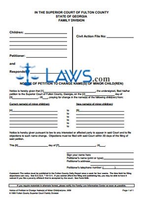Form GA Notice of Petition for Name Change of Minor Child - Fulton County