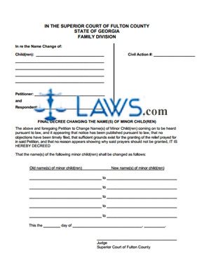 Form GA Final Decree for Name Change of Minor Child - Fulton County  
