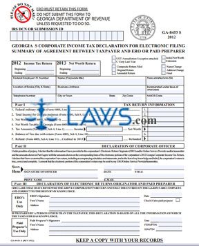 Form GA-8453S S Corporation Tax Declaration for Electronic Filing 