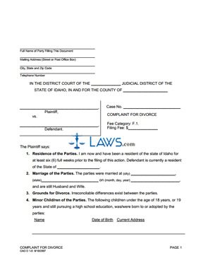 Form CAO D1-5 Complaint for Divorce - Idaho Forms -  Laws.com