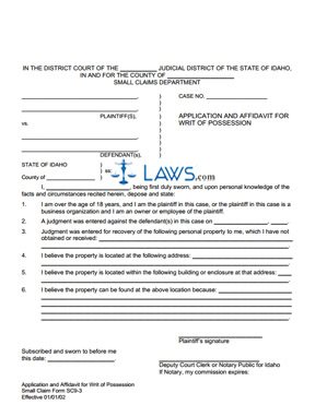 Application and Affidavit for Writ of Possession SC 9-3
