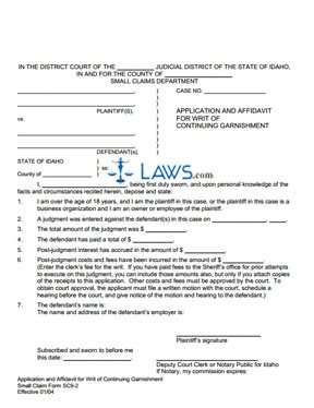 Application and Affidavit for Writ of Continuing Garnishment SC 9-2