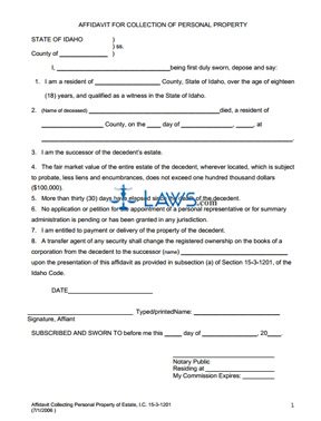 Affidavit Collecting Personal Property of Estate I.C. 15-3-1201