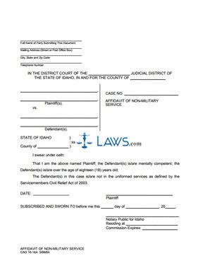 Affidavit of Non-Military Service (Tenant) CAO 16-16A