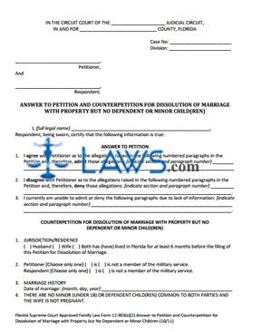 Form 12.903(c)(2) Answer to Petition and Counterpetition for Dissolution of Marriage with Property but No Dependent or Minor Child(ren) 