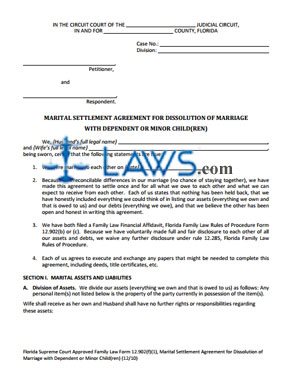 Form 12.902(f)(1) Marital Settlement Agreement for Dissolution of Marriage with Dependent or Minor Child(ren)