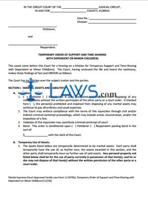 Form 12-947(b) Temporary Order of Support and Time-Sharing with Dependent or Minor Child(ren)