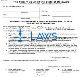 Form 406 Affidavit of Appearance in Divorce Action/Notice of Injunction