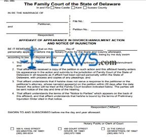 Affidavit of Appearance in Divorce Action/Notice of Injunction (word template)