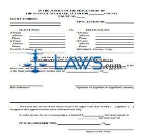 Notice and allowance of Appeal Landlord/Tenant Summary Possession Order