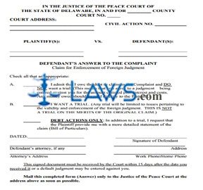 Answer for enforcement of out of state judgment  