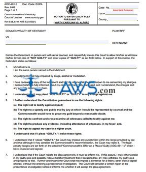 Motion to Enter Guilty Plea Pursuant to North Carolina vs. Alford