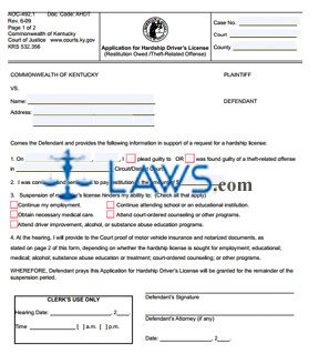 Application for Hardship Driver’s License (Restitution Owed /Theft-Related Offense)