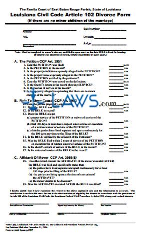 Form G-1 Louisiana Civil Code Article 102 Divorce Form (If there are no minor children of the marriage) 