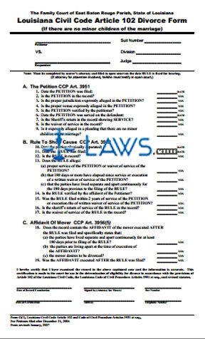 Form G(1) Louisiana Civil Code Article 102 Divorce Form (Without Minor Children)