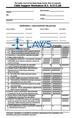 Form R.S. 9:315.20 Child Support Worksheet