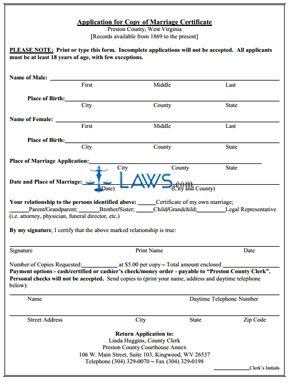 Form Application for Copy of Marriage Certificate - Preston County