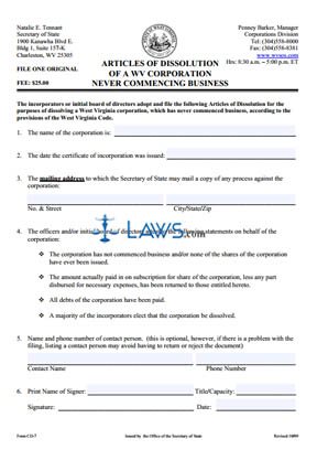 Form CD-7 Dissolution for Corporation Never Commencing Business 